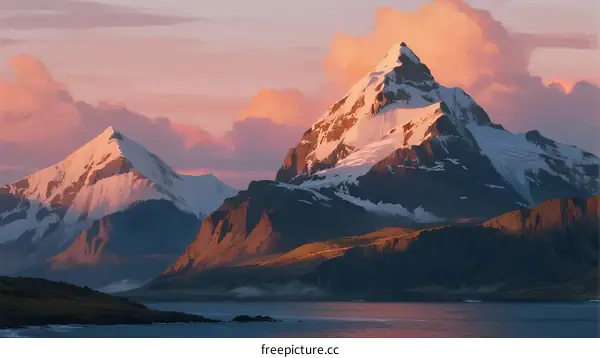 Snow-capped mountain peaks under pink sky with floating clouds