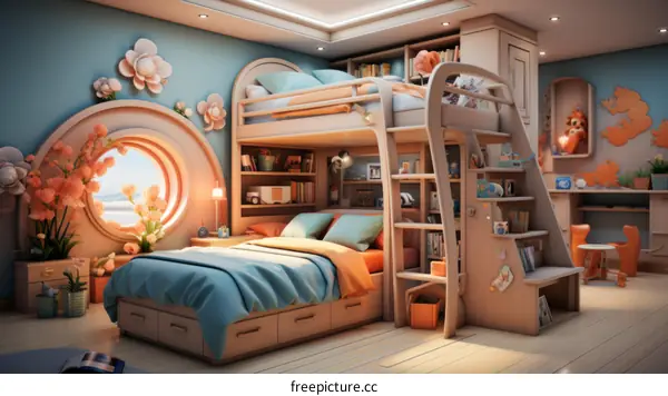 A bedroom with a bunk bed, a desk, and a lot of storage space