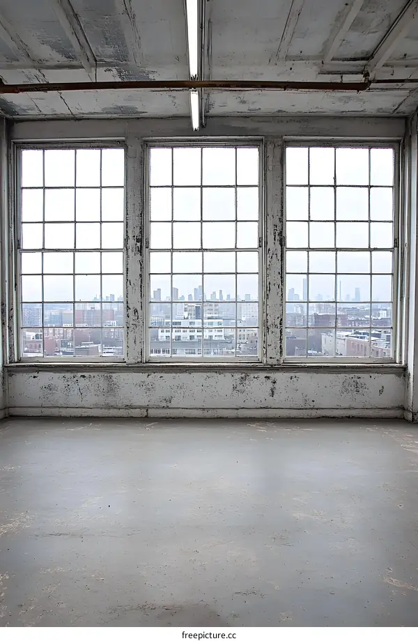 Large Windows View of Cityscape from Abandoned Building