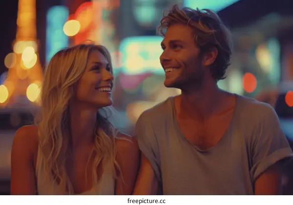 Young couple smiling at each other in the city at night