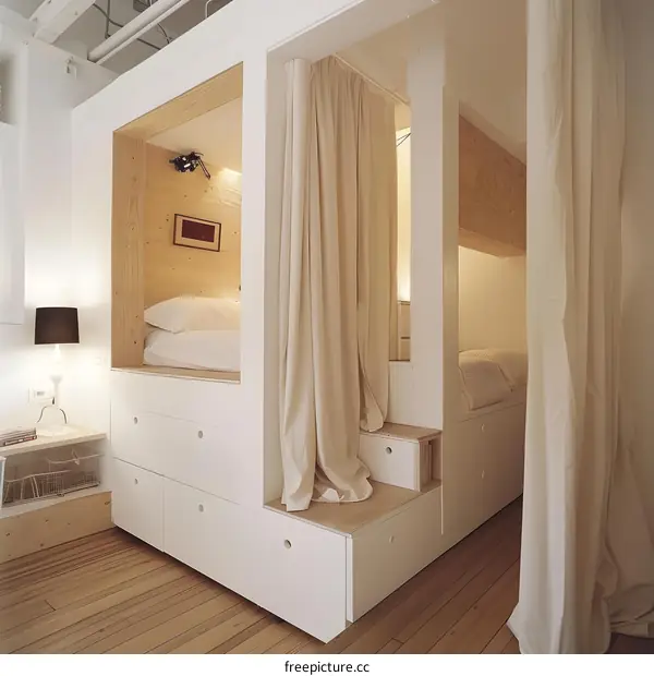 Modern Minimalist Bedroom Design with Built in Bed and Drawers