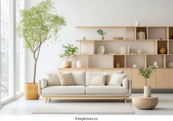 Soft and inviting living room in neutral colors with large windows