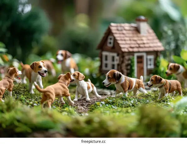 Pack of Beagles Playing Near Tiny House