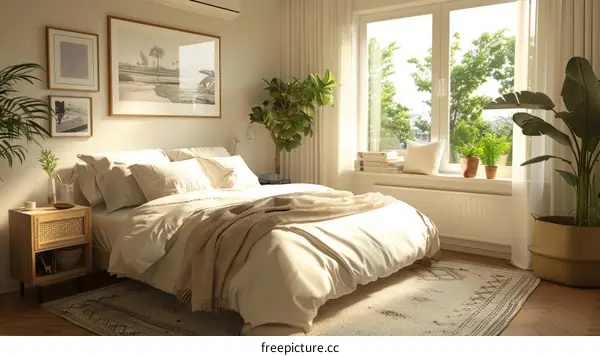 Bright and Airy Bedroom with Large Window and Comfortable Bed