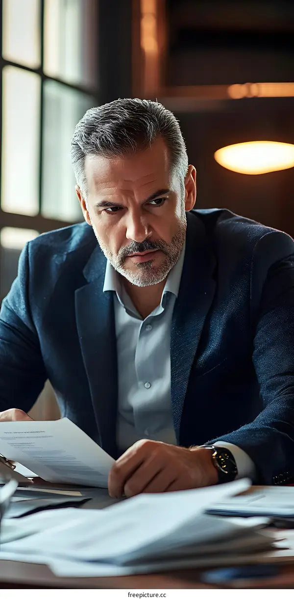 Serious Caucasian Man in a Blue Suit Working at his Desk