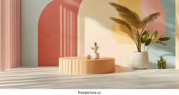 Minimalist Interior Design With Pastel Wall And Palm Plant