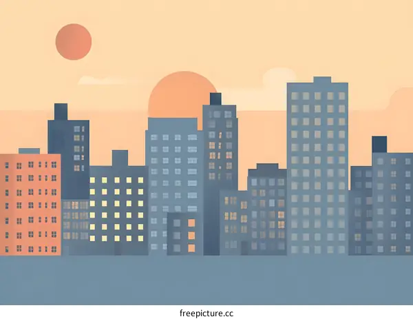 Cityscape Sunset Illustration with Silhouettes of Buildings