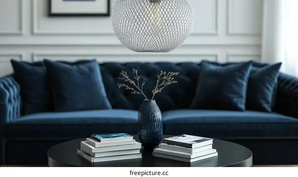 Modern Interior Living Room Featuring Dark Blue Sofa