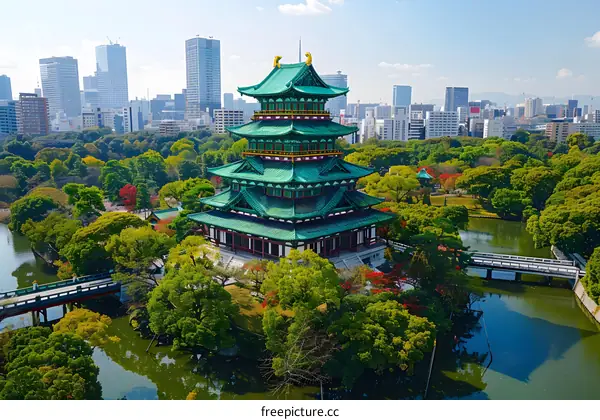 Aerial View of Green Pagoda in Japanese Garden