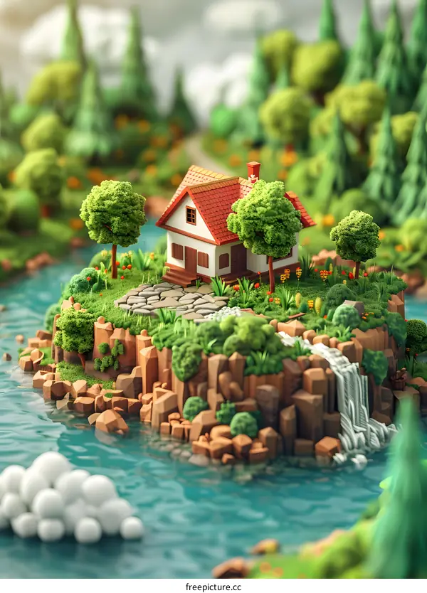 Small House in a Green Forest with a Waterfall