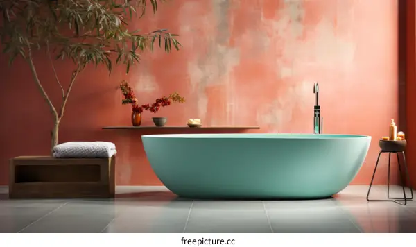 Blue bathtub in a pink bathroom