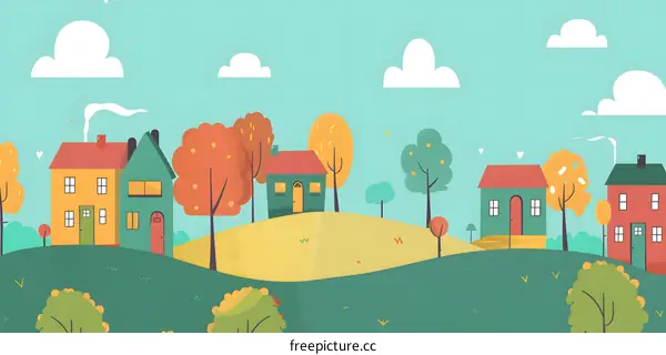 Cute Cartoon Houses and Trees Illustration