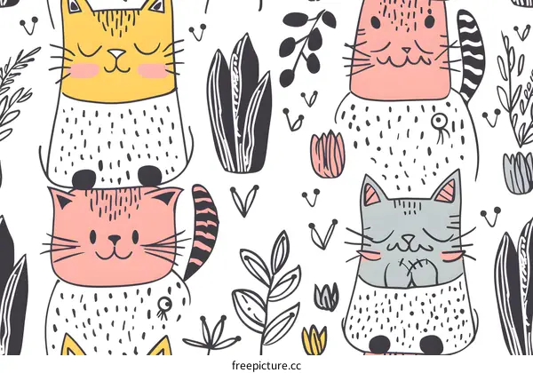 Cute Cat Pattern with Hand Drawn Flowers