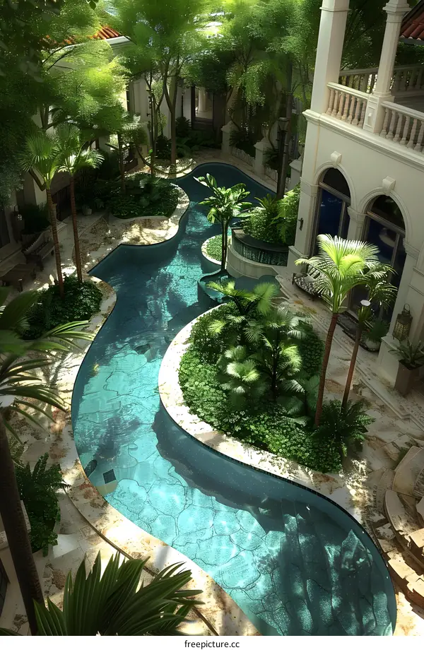 Tropical Courtyard With Winding Pool and Palm Trees