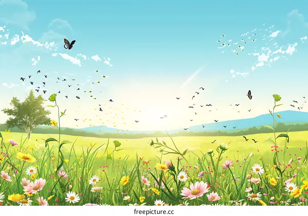 Beautiful Meadow with Flowers and Butterflies