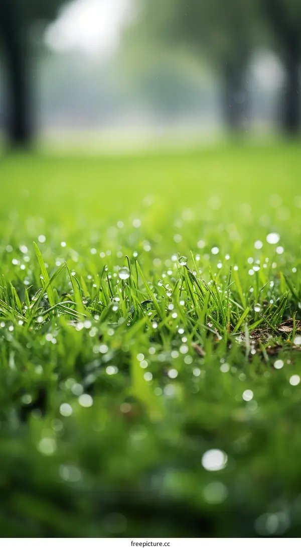 Close-up of green grass with dew drops