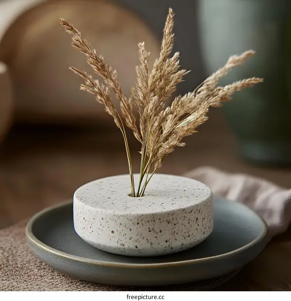 Dried Grass in a White Ceramic Vase on a Plate