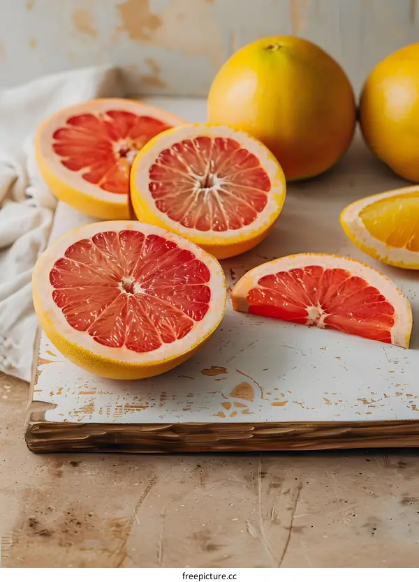 Closeup of Freshly Cut Grapefruits on a Wooden Cutting Board