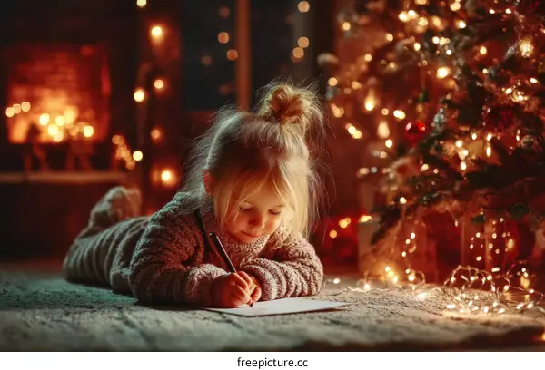 Cute Child Writing Letter to Santa at Christmas