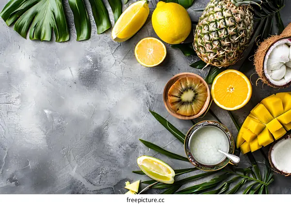 Tropical Fruits and Leaves on Grey Background