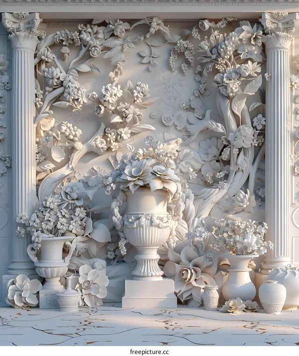 3D Floral and Plant Wall Carving with Intricate Details