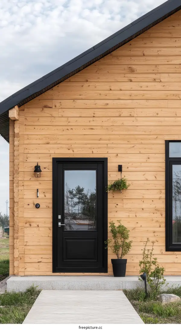 Wooden House Entrance with Black Door