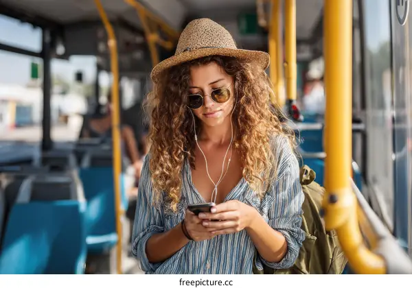 Young Woman Using Smartphone on Bus