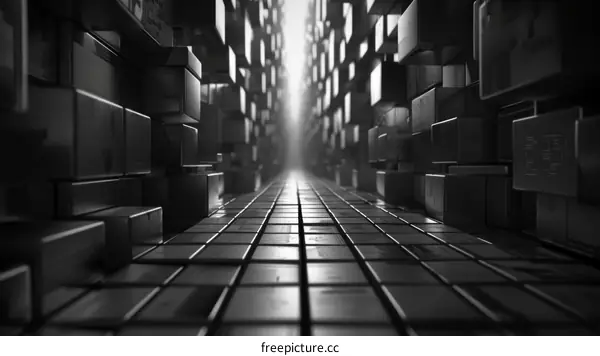 Black and white image of a long dark hallway with boxes on both sides