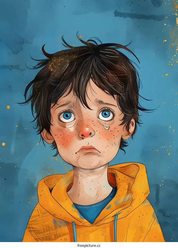 Sad Boy With Blue Eyes And A Yellow Hoodie