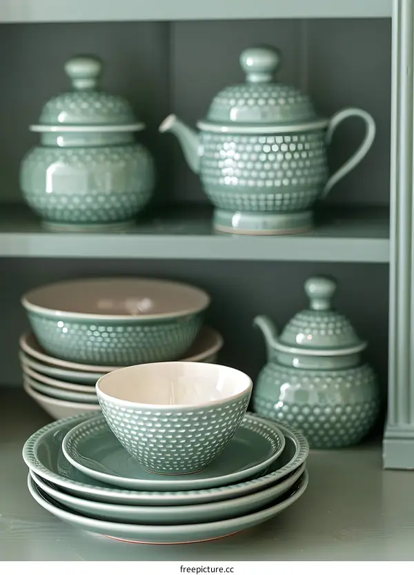 Green Ceramic Teapot and Bowls on a Shelf