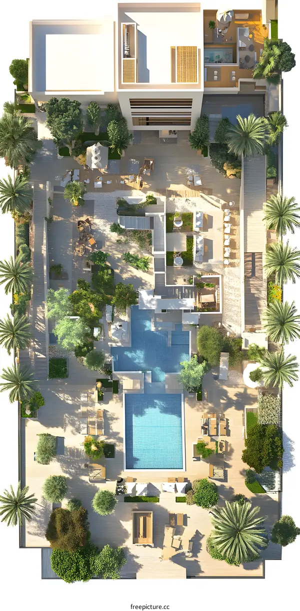 Top View of a Rooftop Swimming Pool with Lounge Chairs and Green Plants