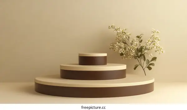Beige Wooden Podium Display with Flowers