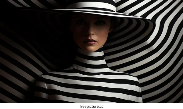Black and white striped pattern optical illusion portrait of a woman wearing a large hat