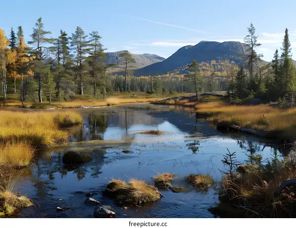 Autumn Landscape with Mountains and Lake