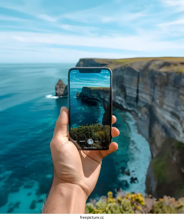 Hand Holding Phone Capturing Cliffside Ocean View