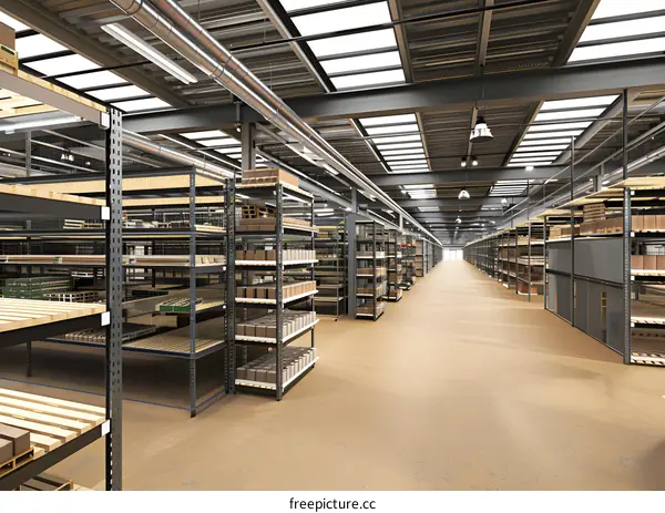 Warehouse Interior With Metal Shelving