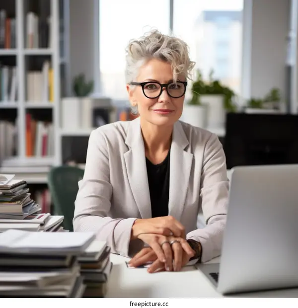 Confident businesswoman sitting at her desk and looking at camera