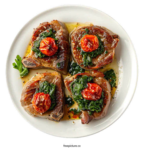 [Transparent Background PNG]Four pieces of lamb chops with spinach and tomatoes on a white plate