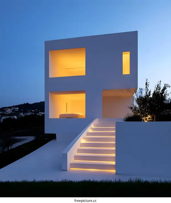 Modern White House with Illuminated Stairs at Dusk