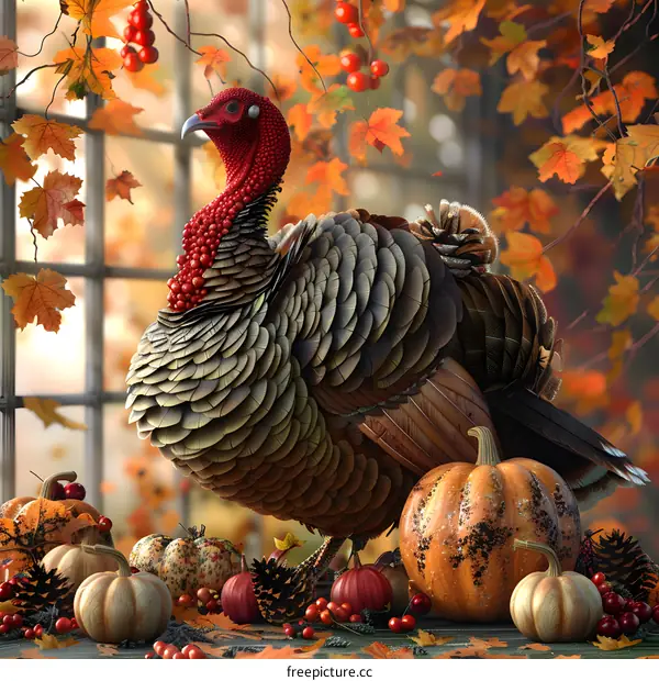 A majestic turkey stands proudly in front of a bountiful harvest of pumpkins and gourds.