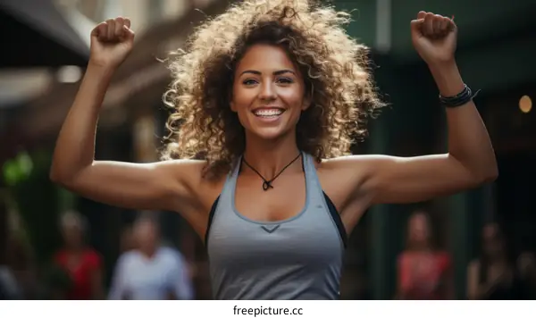Curly Haired Woman Celebrating with Raised Arms