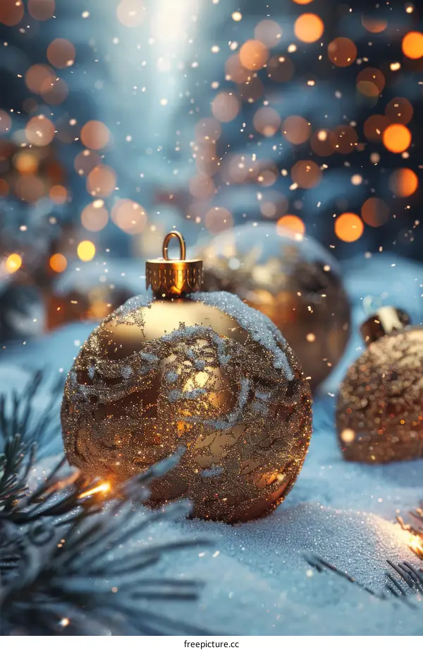 Golden Christmas Ornament on Snowy Background