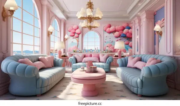 Pastel Living Room with Large Windows and Stylish Decor