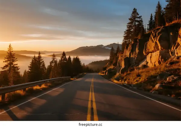 Scenic road at sunrise with trees and mist in the mountains