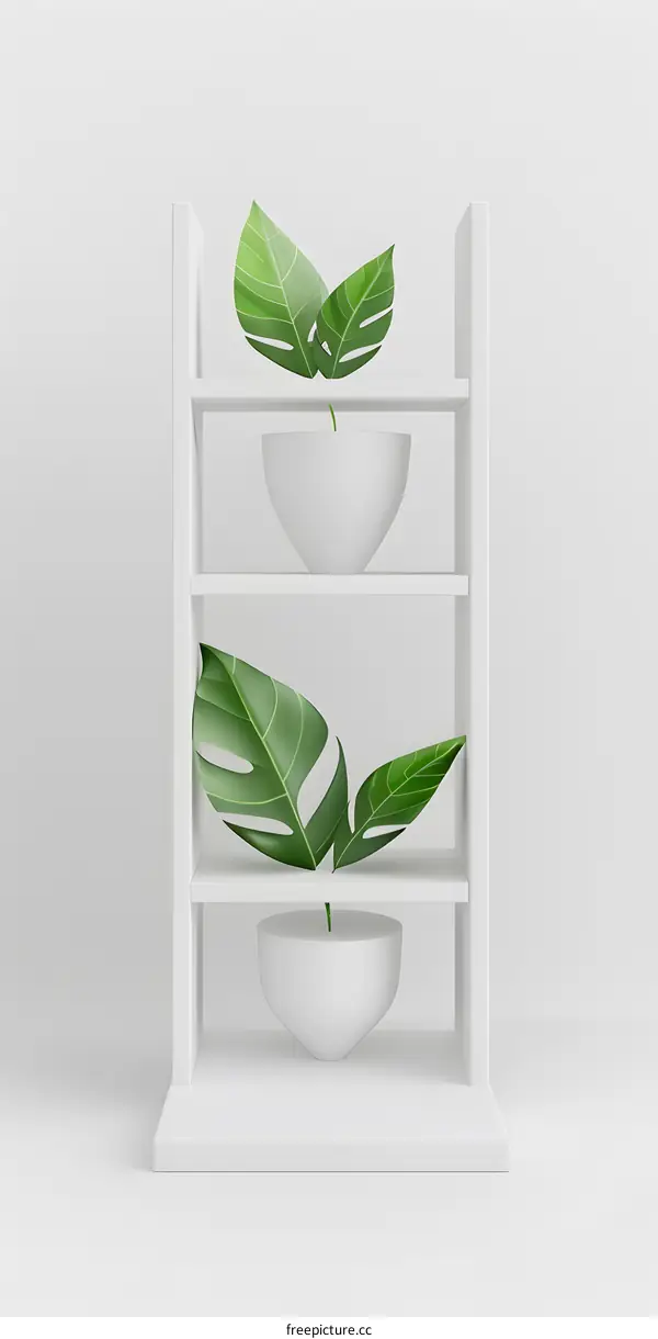 White Shelf with Green Leaves and White Vases Minimalist Style Still Life