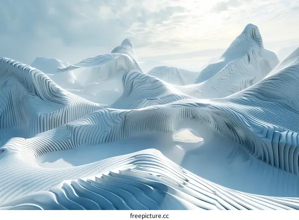 Futuristic white landscape with rolling hills and a large cavern
