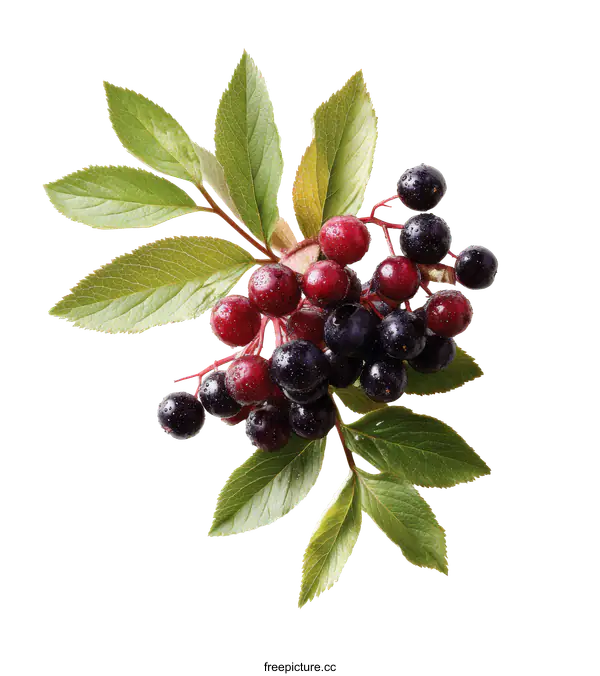 [Transparent Background PNG]Close-up of Fresh Red and Dark Berries with Leaves