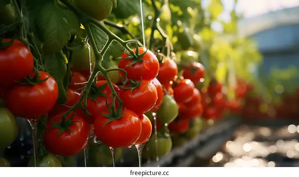 Close-up image of ripe tomatoes hanging from a vine in a greenhouse