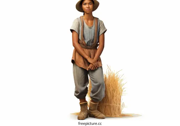 An illustration of a young woman wearing a straw hat and holding a bundle of wheat