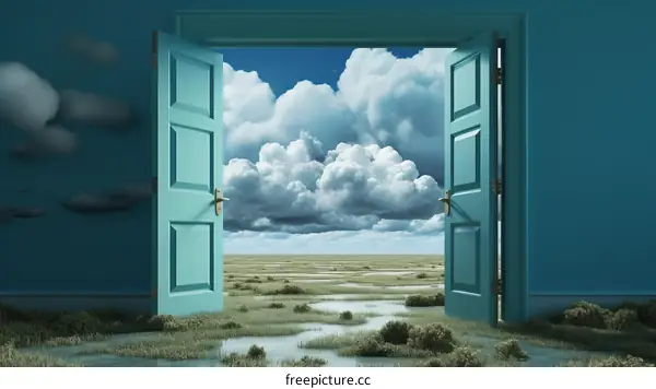 Surreal Landscape with Doorway to a Bright Sky